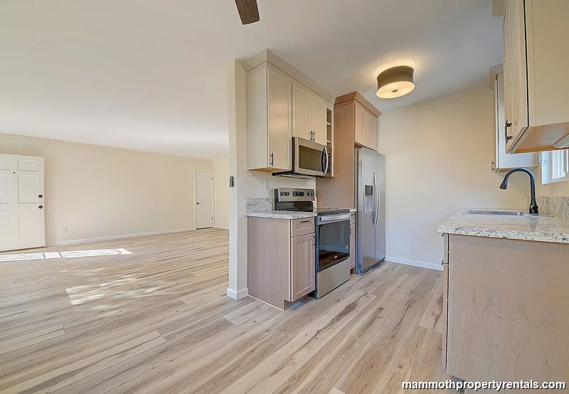 Updated kitchen with stainless steel appliances, stone countertops, and ample cabinet storage.